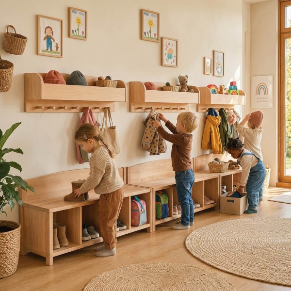 Kinder nutzen praktische Holz Garderobe mit Sitzbank und Kleiderstange im modernen Montessori Kinderzimmer